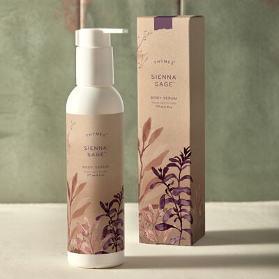Thymes Sienna Sage Body Serum and packaging on counter